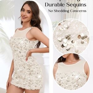 Aupulus Sequin Dress Sparkling Cocktail Party Bodycon Creme Women's Large NEW